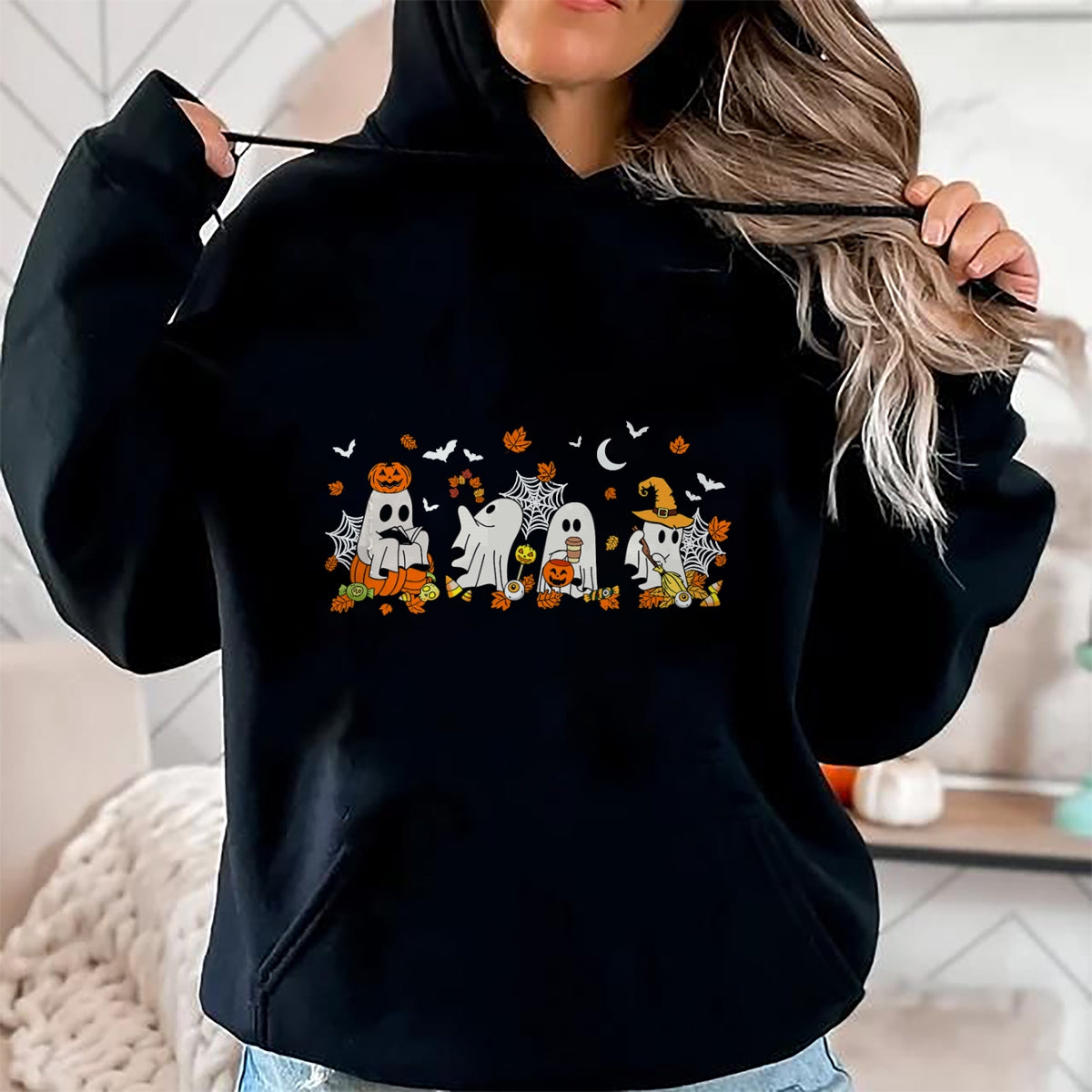 Cute Ghost Drinking Coffee Halloween Fall Ghost Book Reading T-Shirt - Halloween Unisex T-Shirt/Hoodie - NGHL00
