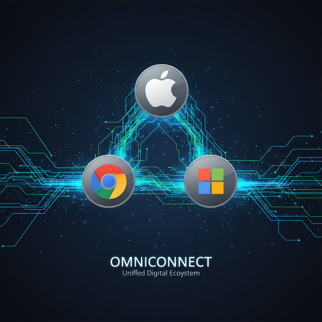 Apple, Chrome, and Microsoft logos connected by glowing data streams